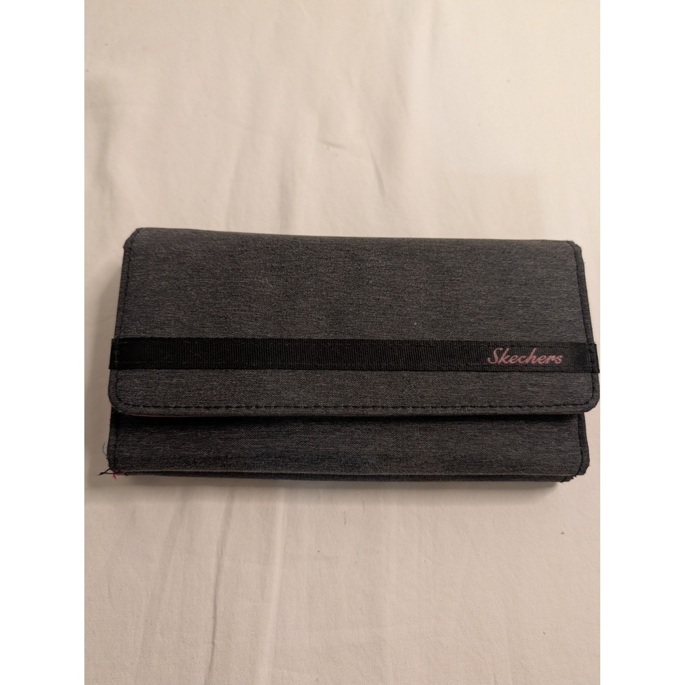 Skechers Womens Tri-Fold Wallet Gray Canvas Pink Interior Card Slots ID Window